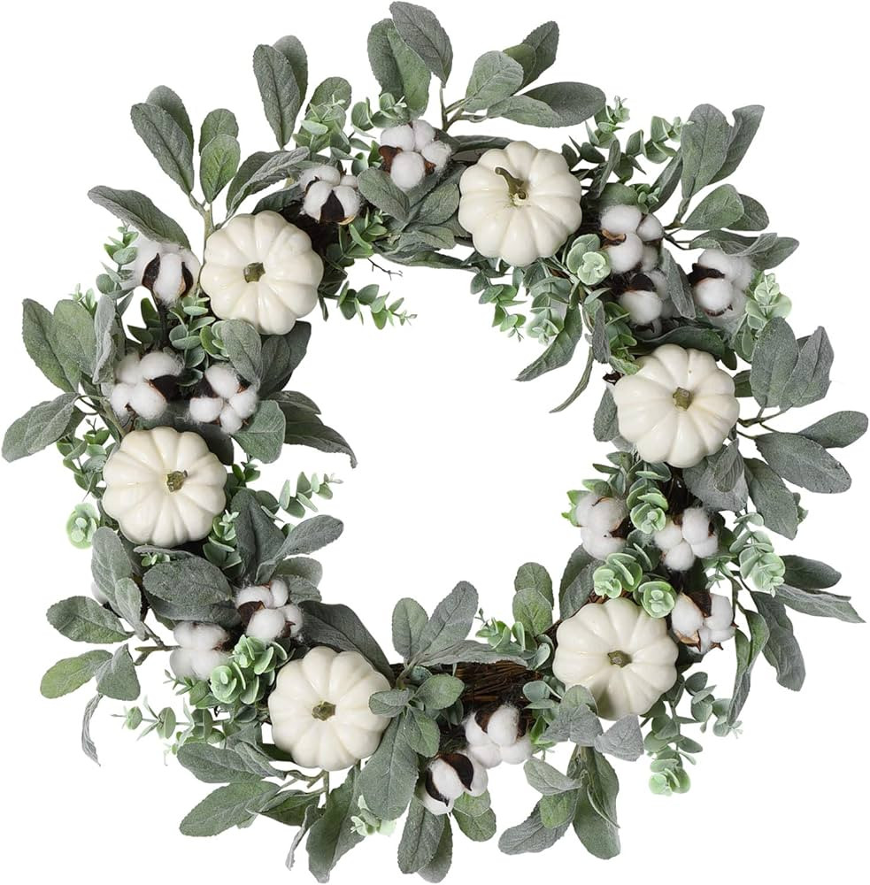 WANNA-CUL 24 inch Large Farmhouse Fall Wreath Decor for Front Door with White Pumpkin, Green Lamb... | Amazon (US)