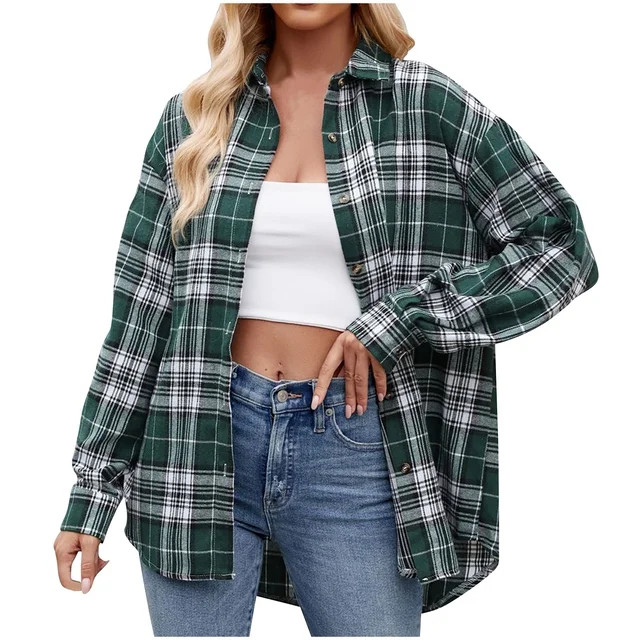 Plaid Flannel Shirts for Women Fall Oversized Button Down Top Fashion Loose Fit Long Sleeve Check... | Walmart (US)