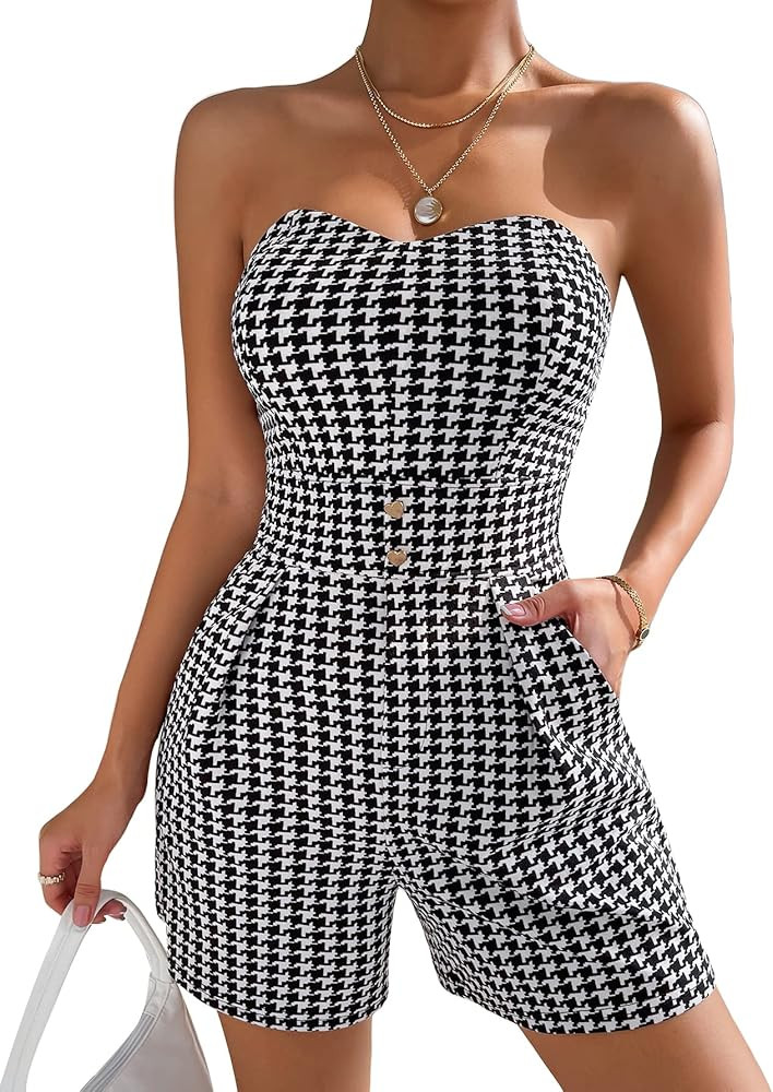 WDIRARA Women's Houndstooth Strapless Sleeveless Tube Top Vintage Skinny Romper | Amazon (US)