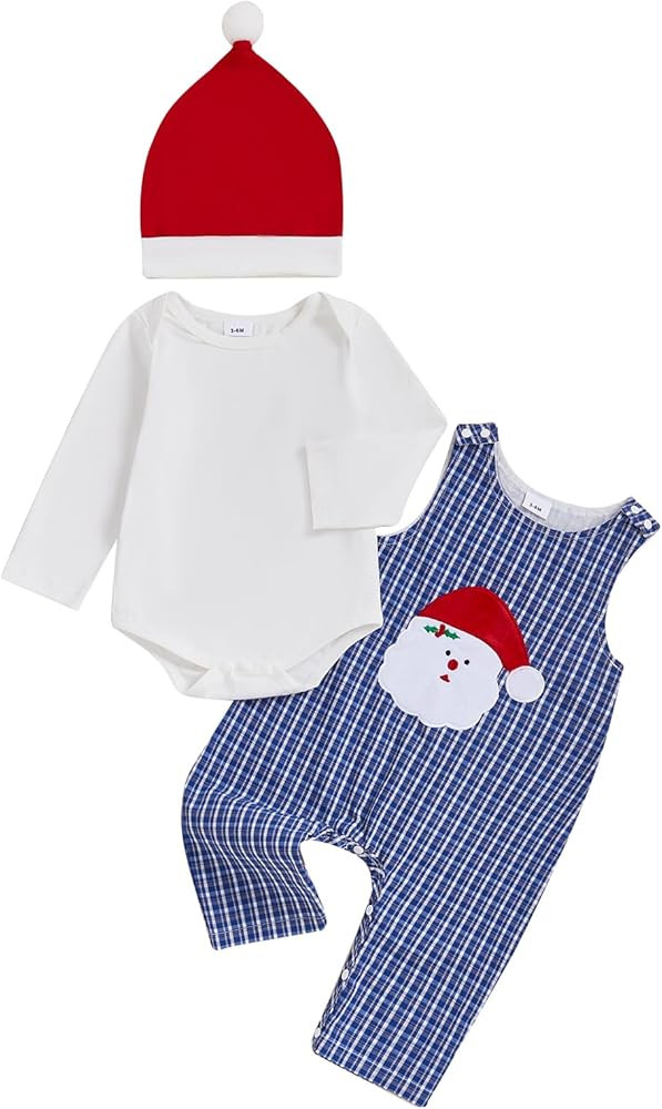 Toddler Baby Boy Halloween Outfit Pumpkin Long Sleeve Romper Plaid Overalls Pants Hat Set Cute Fa... | Amazon (US)