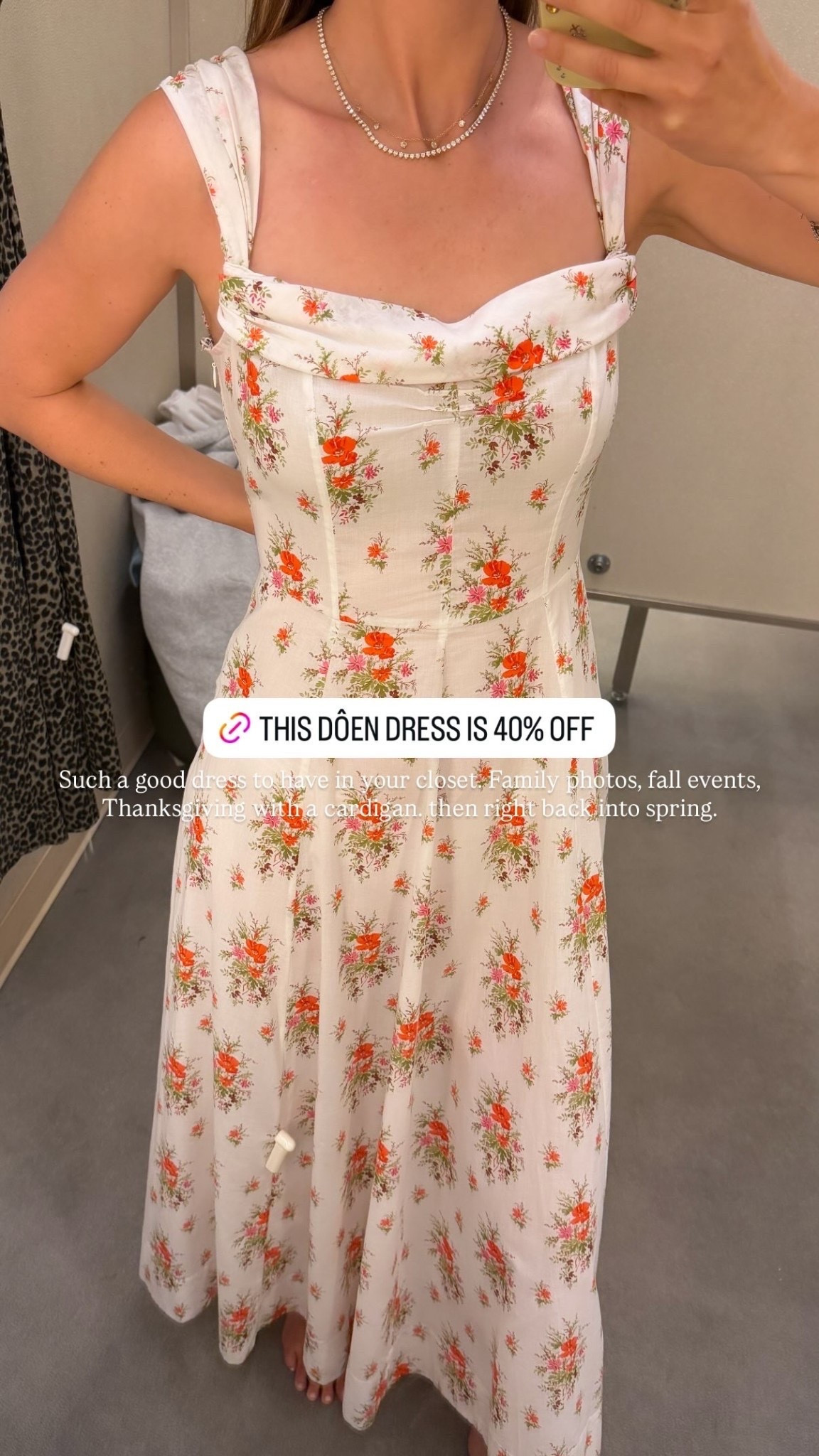 This dress is 64% off! Such a good dress to have in your closet. Family photos, fall events, Thanksgiving with a cardigan… then right back into spring. Doen on sale!