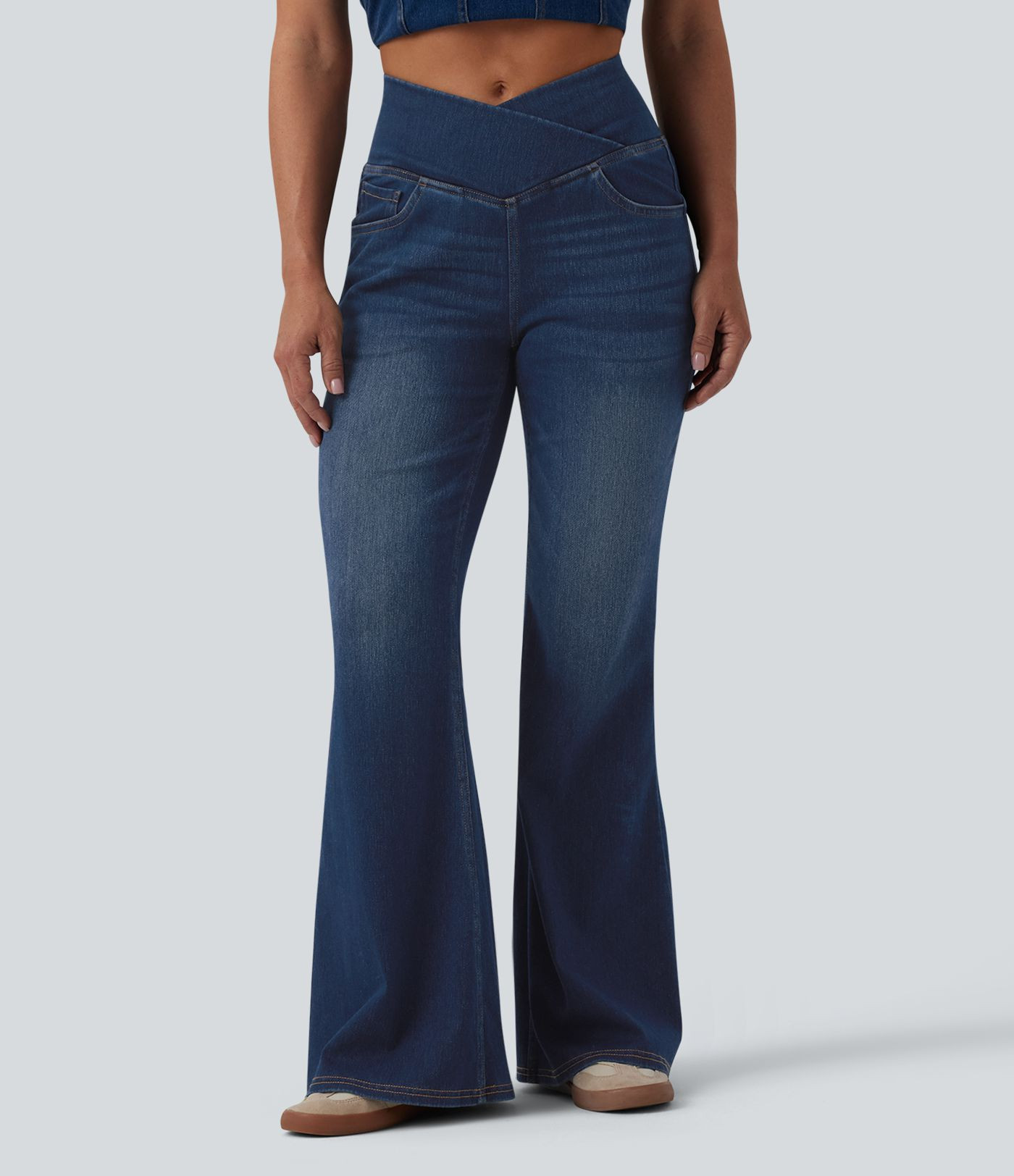 Women’s Halara Flex™ Crossover High Waisted Casual Flare Jeans with Pockets - Halara | HALARA