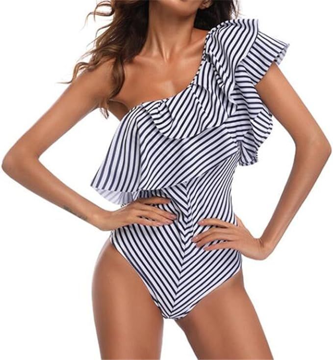 Women One Shoulder Off One-Piece Swimsuit Stripe Ruffle Backless Monokini Swimwear Bathsuit | Amazon (US)
