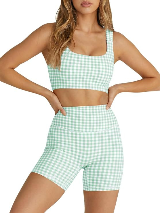 Womens Workout Gingham 2 Piece Outfits Padded Open Back Crop Tank High Waist Sports Shorts Sets Y... | Amazon (US)