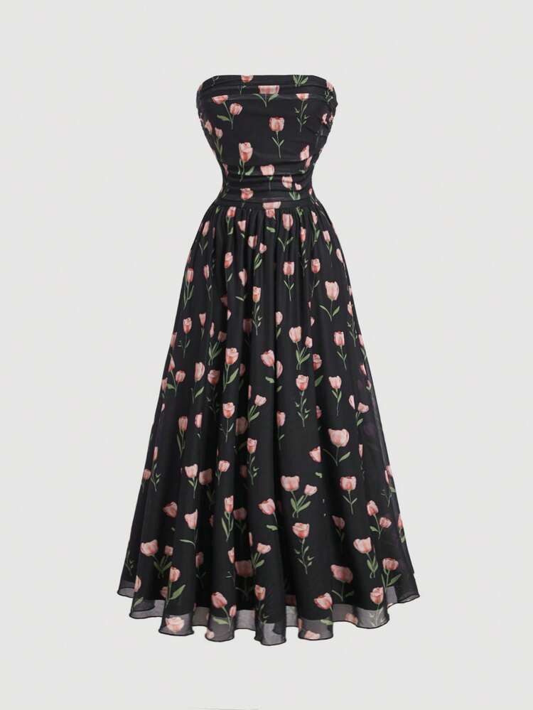 SHEIN MOD Plus Size Black Tulip Flower Printed Summer Holiday Pleated Dress,Beach Dress Sundress,Holiday Outfits Boho | SHEIN