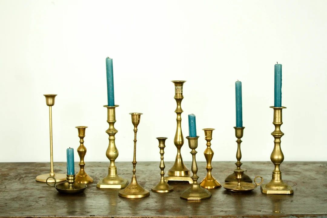 5 Vintage Brass Candlesticks Set Gold Wedding Candle Holders - Etsy | Etsy (US)