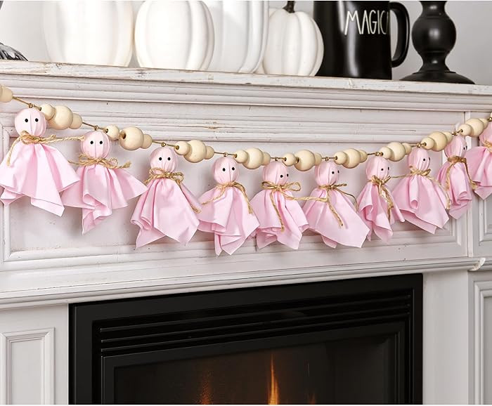 Halloween Garland, Cute Pink Ghosts and Bead Banner Garland for Halloween Decor, Handmade Rustic ... | Amazon (US)