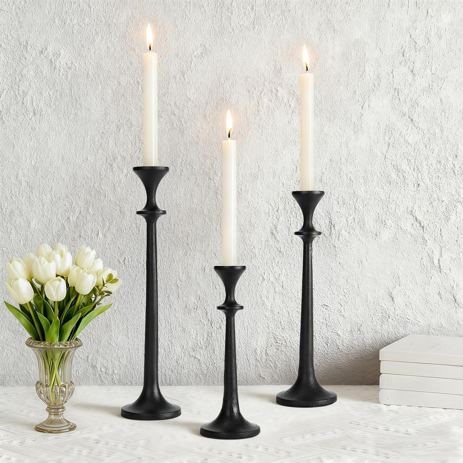 Black Taper Candle Holders Set of 3 Heavy Cast Iron Black Candlestick Holder for Table Centerpiece Modern Decorative Tapered Candle Stand Tall Set for Home Decor Fireplace Wedding Halloween Christmas | Amazon (US)