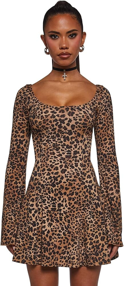 Dolls Kill 90s Chic Leopard Dress by Current Mood – Stretch Cotton Mini with Bold Print, Long S... | Amazon (US)