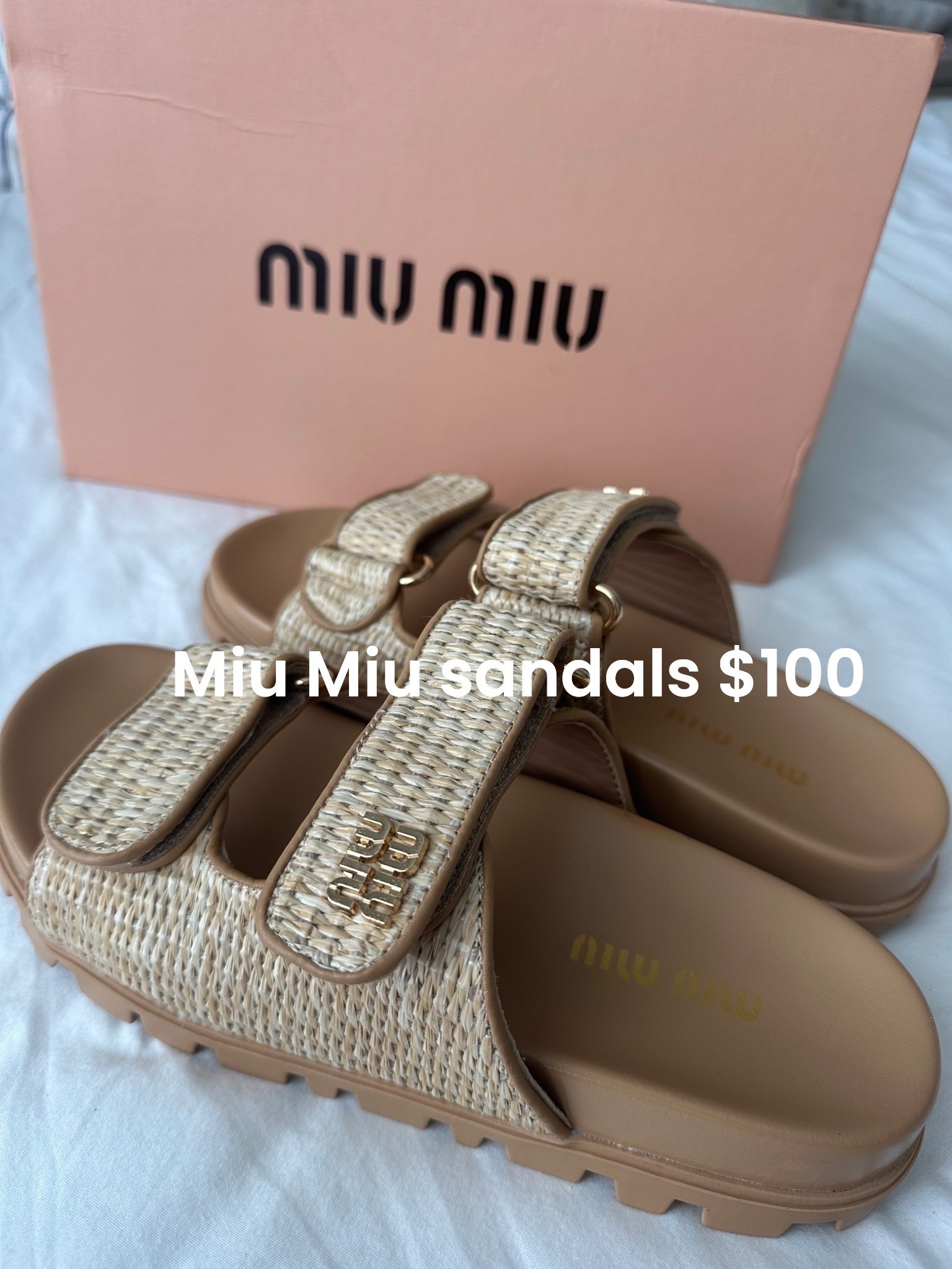These Miu Miu-inspired raffia sandals are $100 and so worth it. Obsessed with the logo, the quality, the vibe!! 