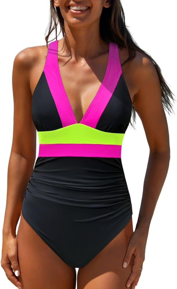popvil One Piece Swimsuit Women 2025 Tummy Control Neon Color Block Bathing Suit Deep Vneck Tie B... | Amazon (US)
