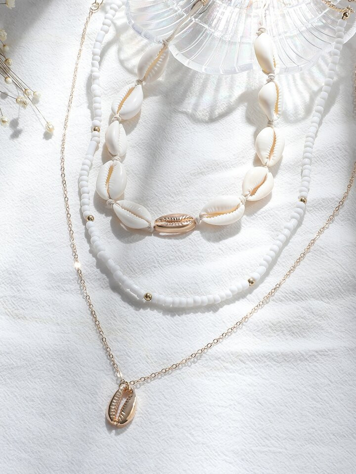 3pcs Fashionable Simple Bohemian Style Shell & Beaded Woven Collarbone Chain Set For Women, Beach... | SHEIN