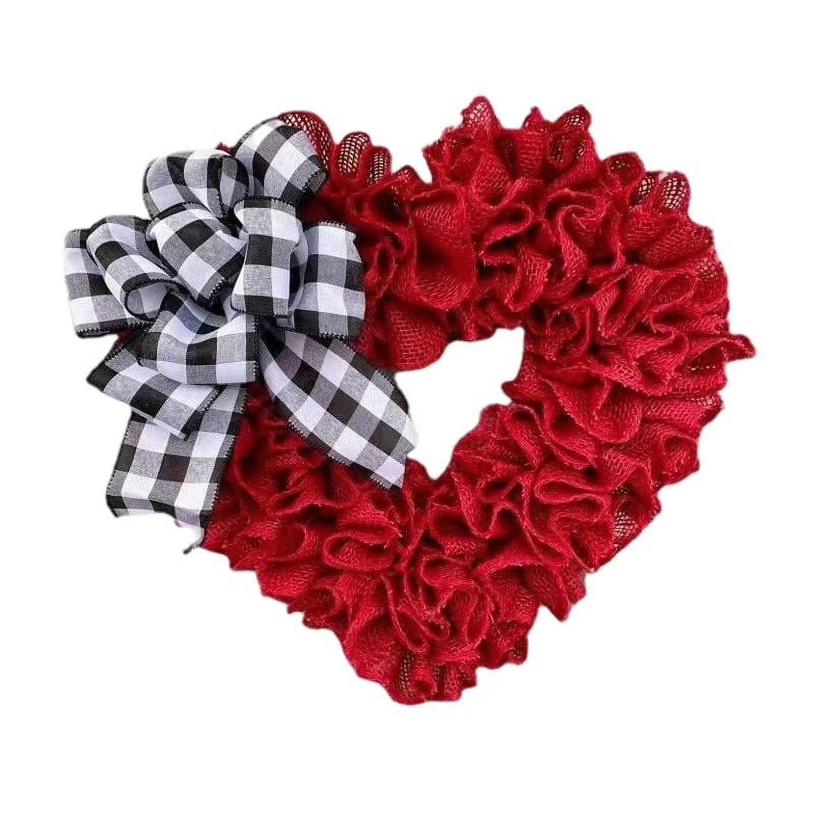 Red Heart Shaped Wreath Valentine's Day 15.7in Plaid Bowknot Front Door Artificial Garland for Ho... | Walmart (US)