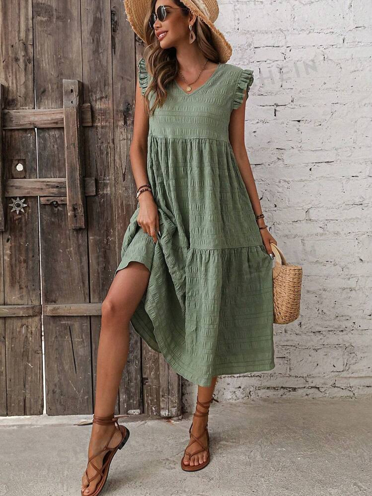 SHEIN LUNE Solid Ruffle Trim Smock Dress | SHEIN