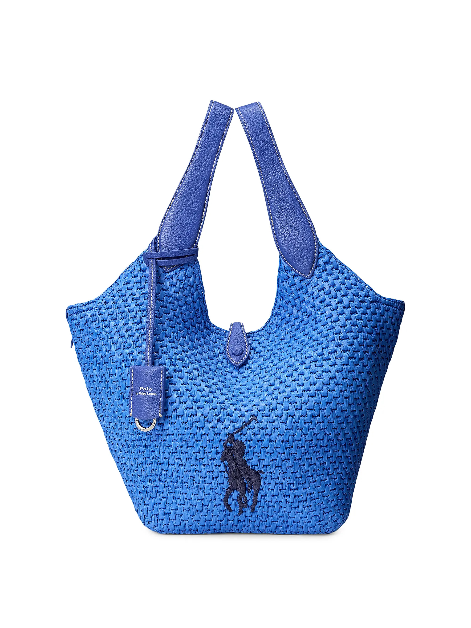 Embroidered Logo Raffia Leather Tote Bag | Saks Fifth Avenue