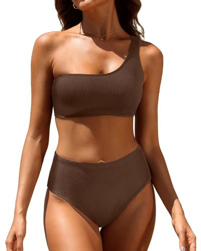 Tempt Me Women Brown Two Piece Swimsuits Ribbed One Shoulder Bikini Sets Mid Waist Bathing Suit L | Amazon (US)
