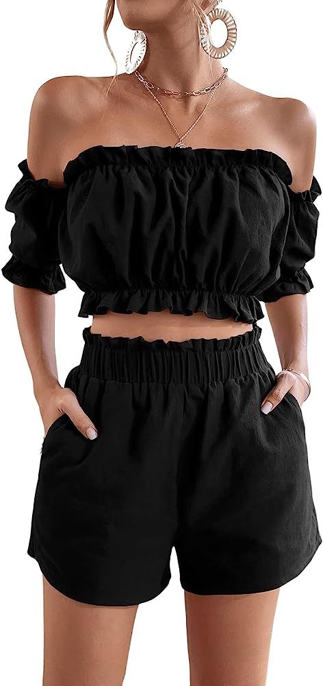 SweatyRocks Women's 2 Piece Outfits Romper Off Shoulder Short Sleeve Top Wide Leg Frill Trim Shor... | Amazon (US)