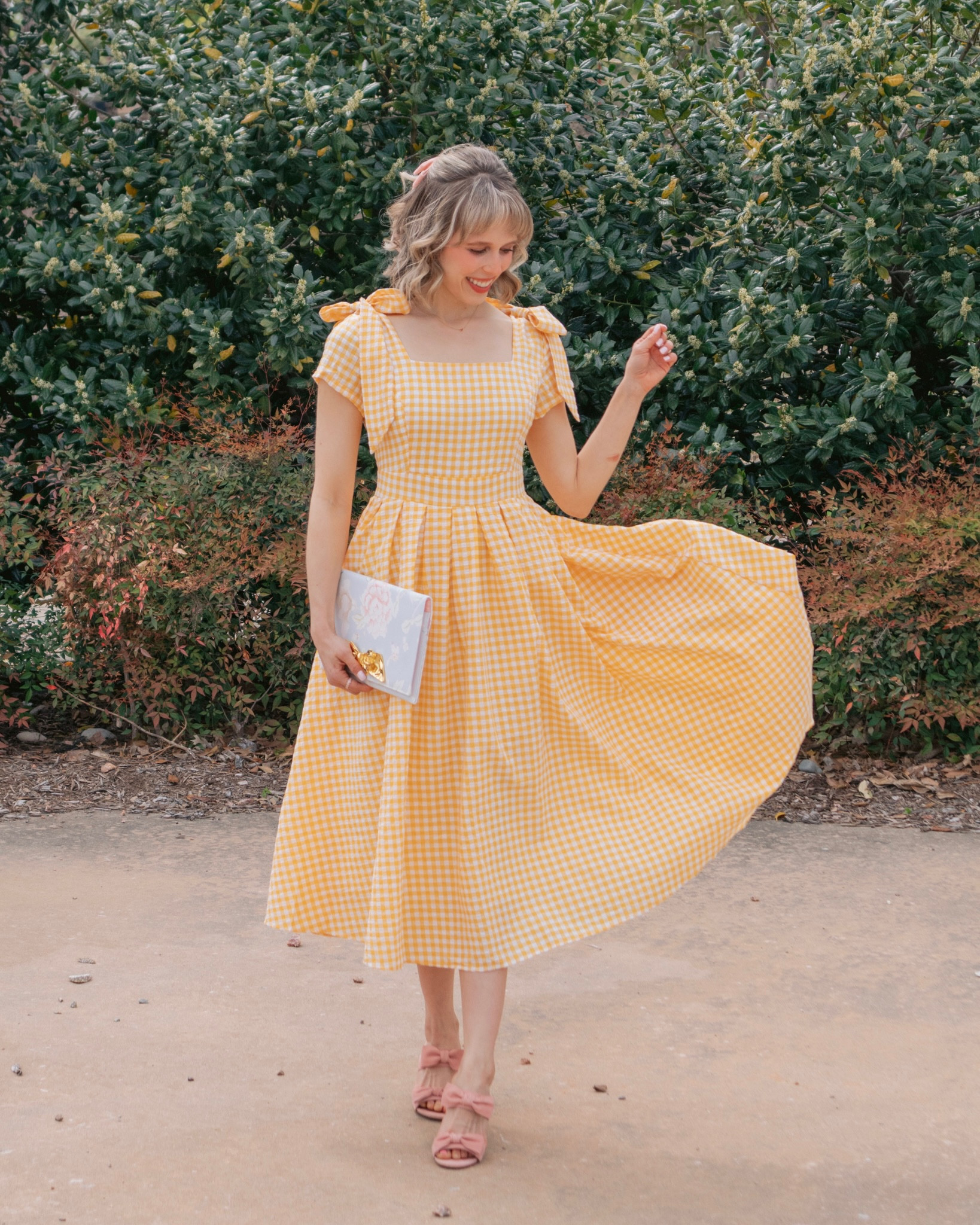 Yellow dress, spring dress, gingham dress, bow shoulder dress, bow heels, bow sandals, bridal shower dress 

#LTKunder100 #LTKSeasonal #LTKstyletip