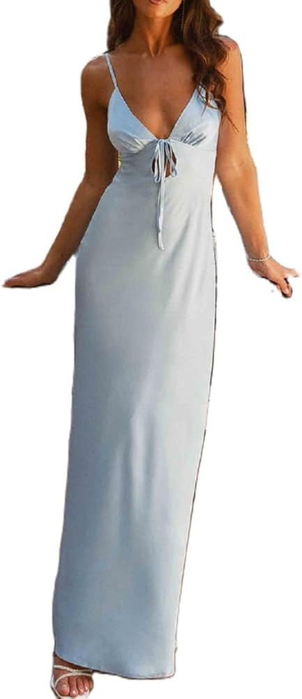 Women Y2k Floral Maxi Dress Spaghetti Strap V Neck Cutout Long Dress Bodycon Backless Party Weddi... | Amazon (US)