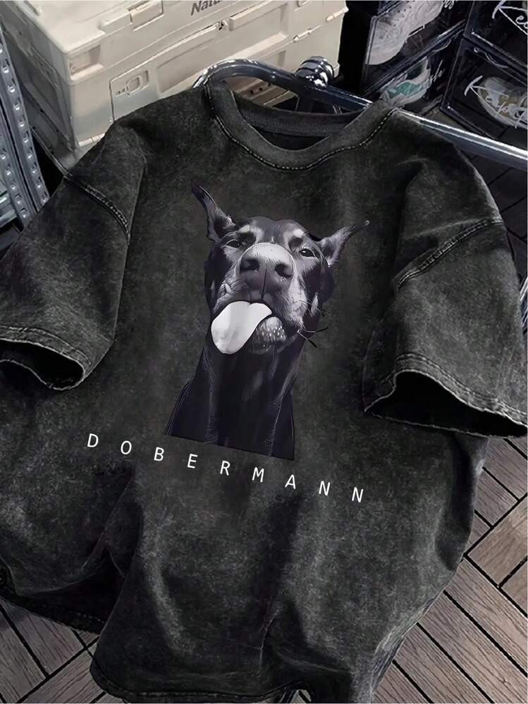 1pc Women&Apos;S Vintage Washed T-Shirt With Cute Doberman Graphic Print - Soft Round Neck Short Sleeve Tee, Medium Stretch & Machine Washable Summer Casual Top For Dog Lovers, Dog Tshirt, Everyday Tee, Retro Style, Breathable Tee, Pet Ownersmens Clothes Shirts | SHEIN