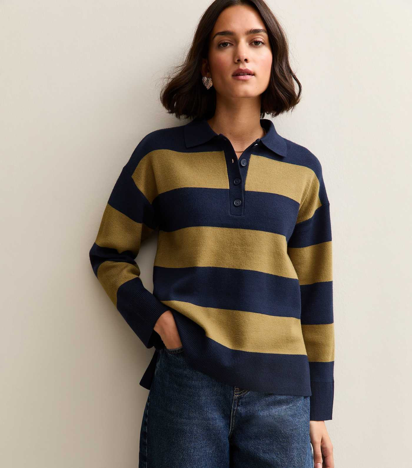 Green Striped Compact Knit Button Up Polo Top | New Look | New Look (UK)