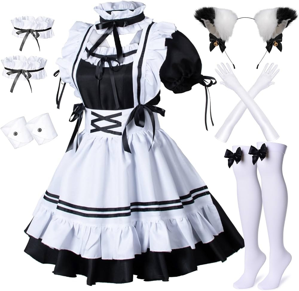 Wannsee Anime French Maid Apron Lolita Fancy Dress Cosplay Costume Furry Cat Ear Gloves Socks set... | Amazon (US)