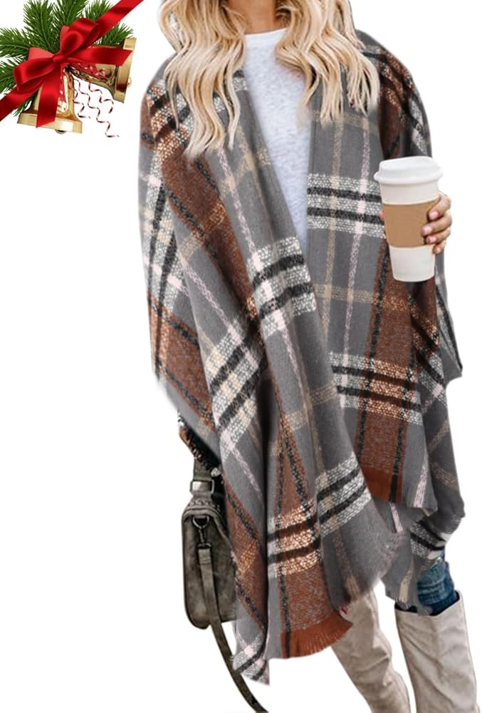 Bestshe Women's Boho Open Front Poncho Knitted Plaid Shawl Wrap Cape Tassel Cardigan Sweater | Amazon (US)