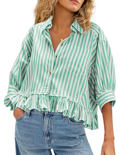 CHYRII Womens Summer Tops Dressy Casual Blouse Top Ruffled Short Sleeve Button Down Striped Shirt | Amazon (US)