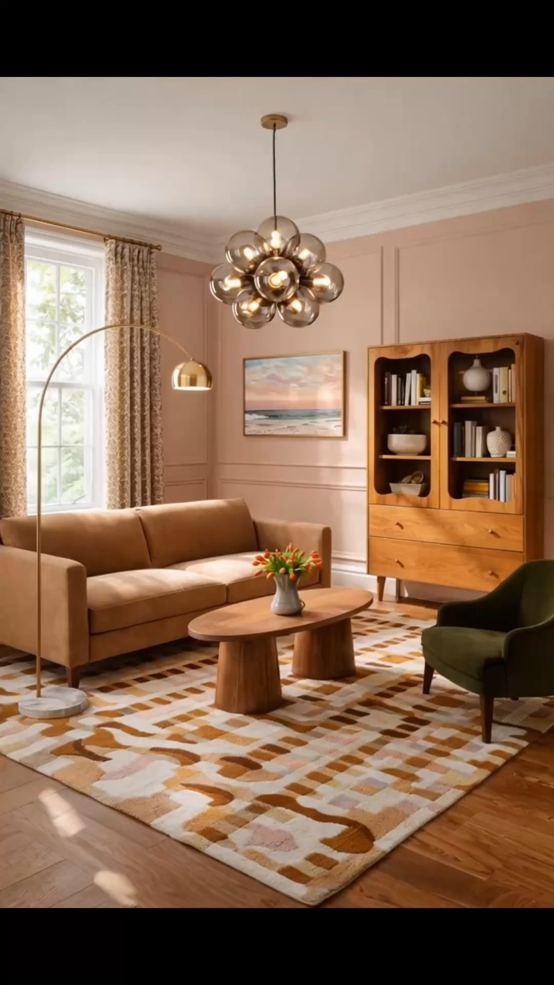 Beautiful living room design with furniture from Lulu & Georgia, chandelier from Crate & Barrel, gorgeous scalloped rug from Anthropologie, neutral sofa, organic coffee table. #livingroom #homedecor 

#LTKSeasonal #LTKHome #LTKSaleAlert