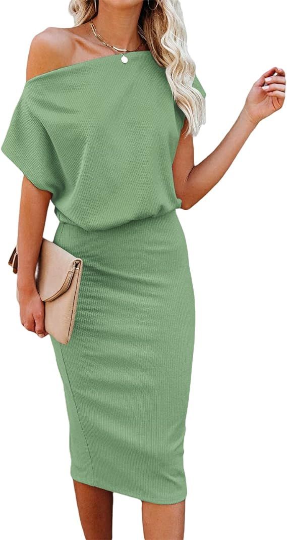 Ezbelle Women's 2024 Summer Dress Off The Shoulder Short Sleeve Ribbed Casual Party Bodycon Midi ... | Amazon (US)