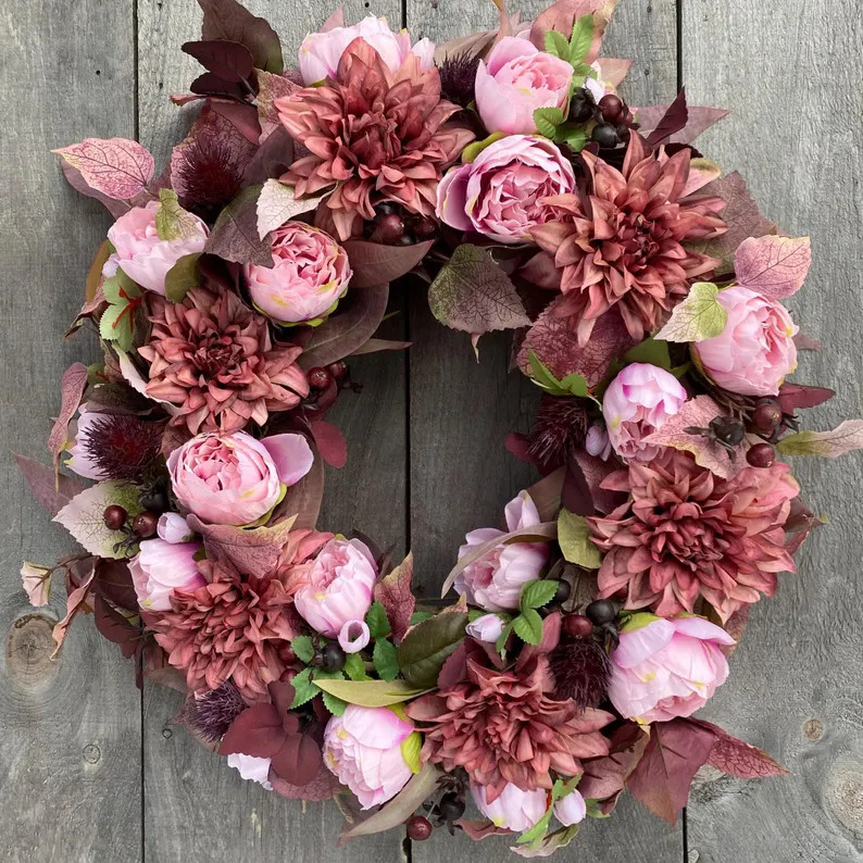 Pink Peony and Dahila Wreath, Dusty Rose Floral Wreath for Entryway, Pink Front Door Decor | Etsy (Global)