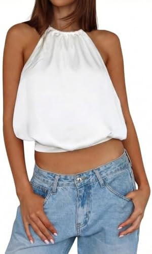 Women Satin Halter Top Backless Sexy Open Back Sleeveless Crop Y2K Summer Going Out Tops | Amazon (US)