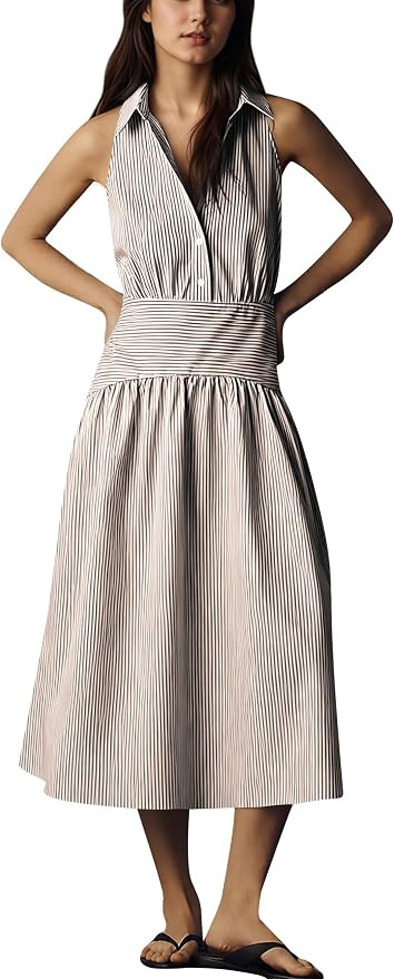 Womens Summer Sleeveless Shirt Dress Button Down V Neck Collar Causal Maxi Dress A Line Flowy Vac... | Amazon (US)