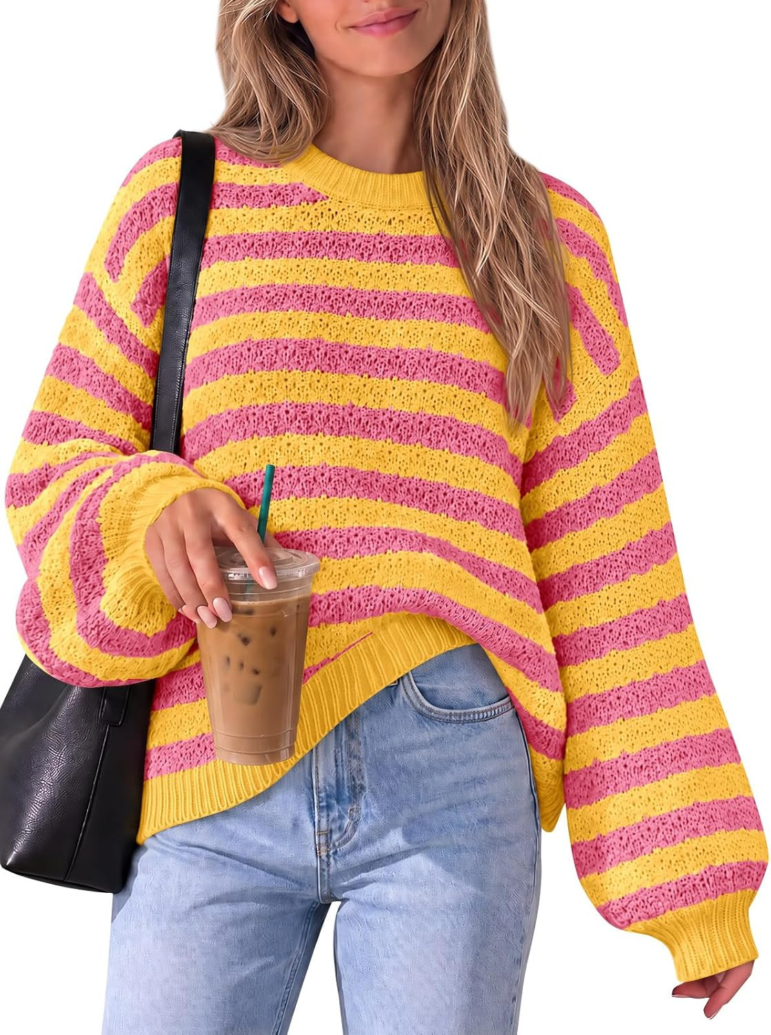 Saodimallsu Womens Striped Color Block Sweater Tops Crochet Knit Pullovers | Amazon (US)