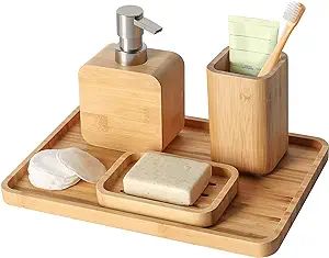 4Pcs Handmade Bamboo Sink & Bathroom Accessories Set Retro Set, Natural, Soap Dish Holder for Sho... | Amazon (US)