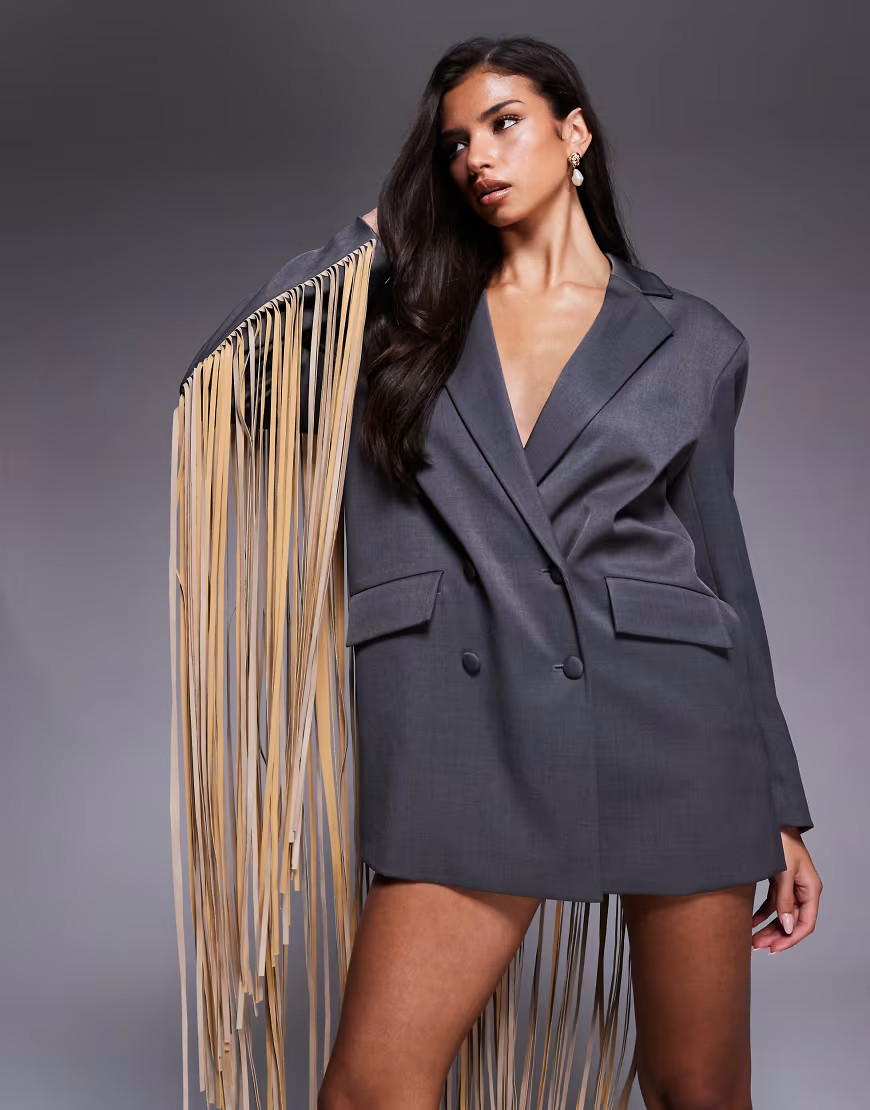 ASOS LUXE oversized blazer dress with faux leather fringing in gray | ASOS (Global)
