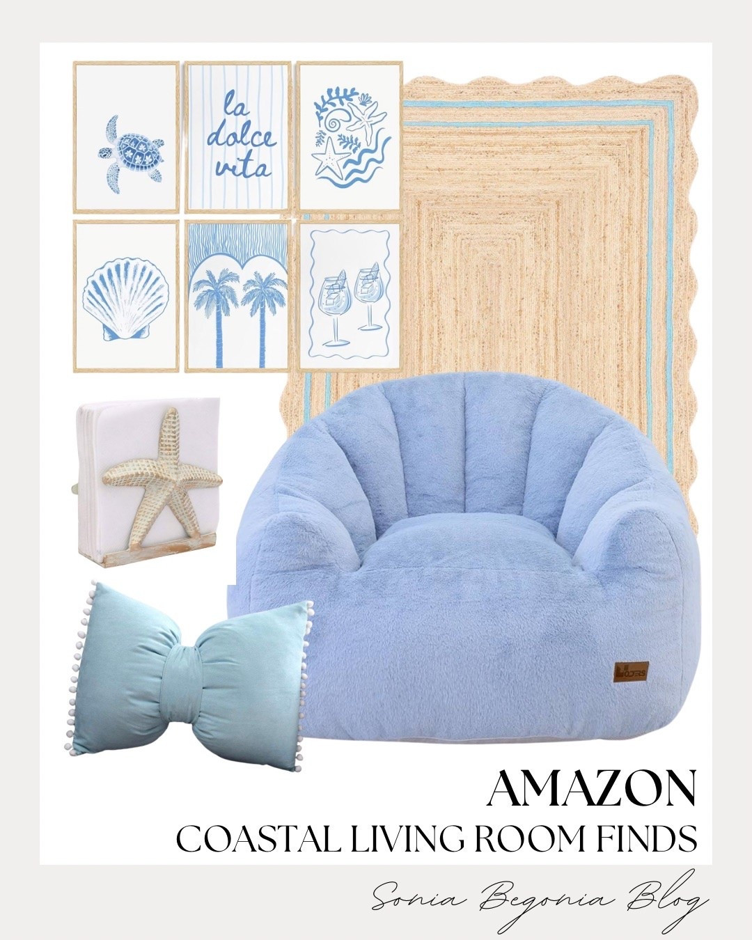 Bring beachy, breezy vibes indoors with these Amazon coastal living room finds! 🌊

Featuring blue coastal wall art prints, a plush light blue armchair, a scalloped jute rug with blue piping, a starfish napkin holder, and a cute bow accent pillow. 🐚

#AmazonHome #CoastalLiving #LTKhome #CoastalDecor #LivingRoomInspo #HomeStyling

#LTKHome