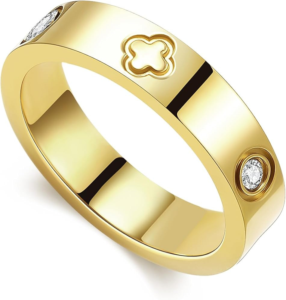 18K Gold Plated Wedding Rings for Women, Cubic Zirconia Clover Promise Ring, Stainless Steel Band... | Amazon (US)