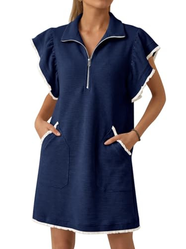 Cicy Bell Womens Ruffle Cap Sleeve Sweatshirt Dress Summer Oversized V Neck Quarter Zip Mini Dres... | Amazon (US)