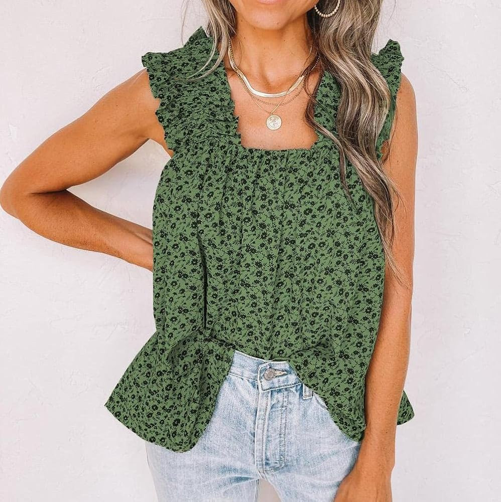 PRETTYGARDEN Boho Floral Tank Tops for Women, Shirred Straps Pleated Summer Casual Sleeveless Shirts | Amazon (US)