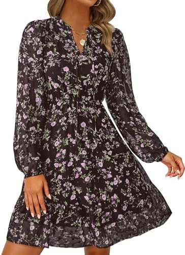 PRETTYGARDEN Women's Fall Boho Dresses 2026 Floral Long Sleeve V Neck Mini Flowy Wedding Guest Dr... | Amazon (US)