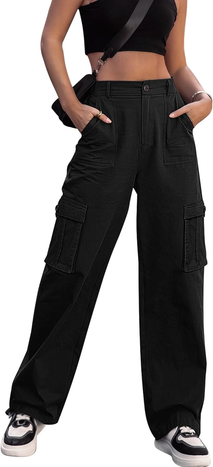 ZMPSIISA Women High Waisted Cargo Pants Wide Leg Casual Pants 6 Pockets Combat Military Trousers | Amazon (US)