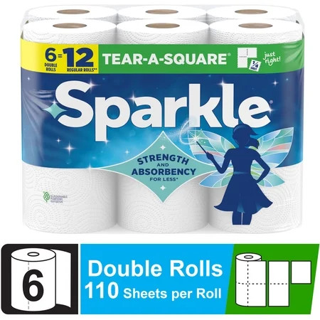 Sparkle Tear-a-Square Paper Towels, 6 Double Rolls | Walmart (US)