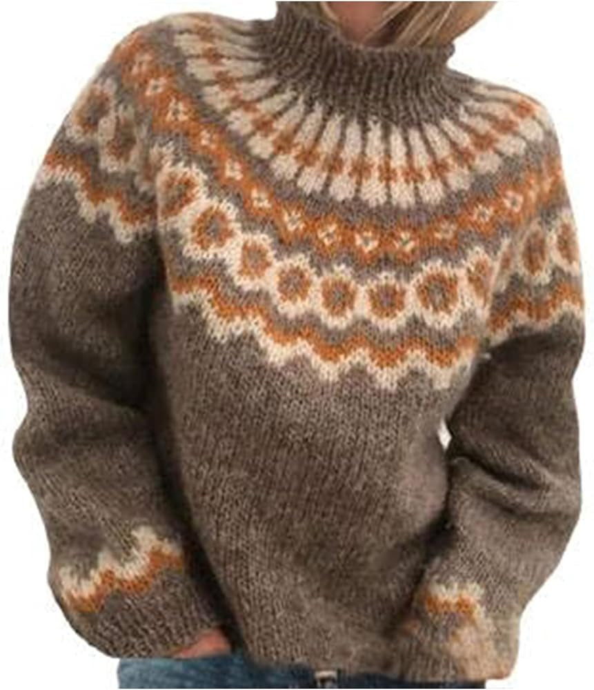 Fair Isle - Suéter para mujer, estilo retro, étnico, cuello alto, cuello alto, casual, holgado,... | Amazon (US)