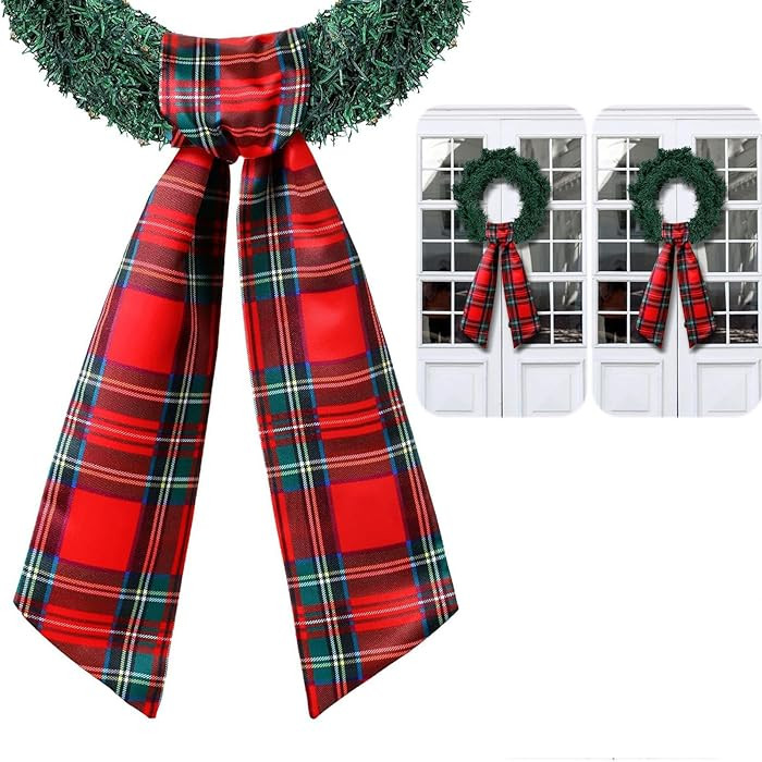 Wreath Sash for Front Door - 2 Pack 55 Inch Red Buffalo Plaid Satin Ribbon for Christmas, Wedding... | Amazon (US)