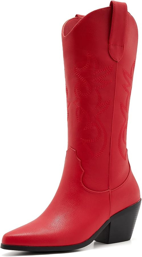 Western Cowboy Boots for Women - Mid Calf Embroidered Cowgirl Boots, Slip On Pointed Toe Chunky H... | Amazon (US)
