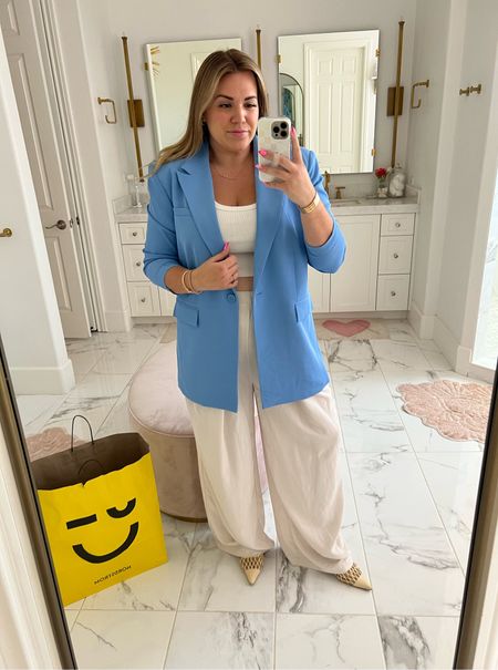 curvy workwear look from the Nordstrom Anniversary Sale! size size large in blue boyfriend blazer and size xl in wide leg pants. i sized up in pants for my growing bump, but they do have an elastic waistband! take your true size 

#LTKxNSale #LTKcurves #LTKunder100
