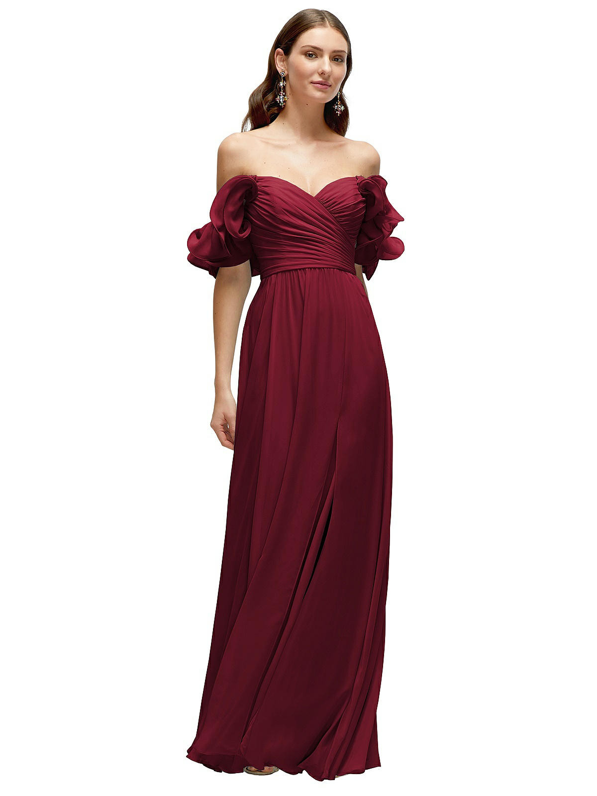 Dramatic Ruffle Edge Strap Chiffon Maxi Dress in Burgundy | Dessy Group