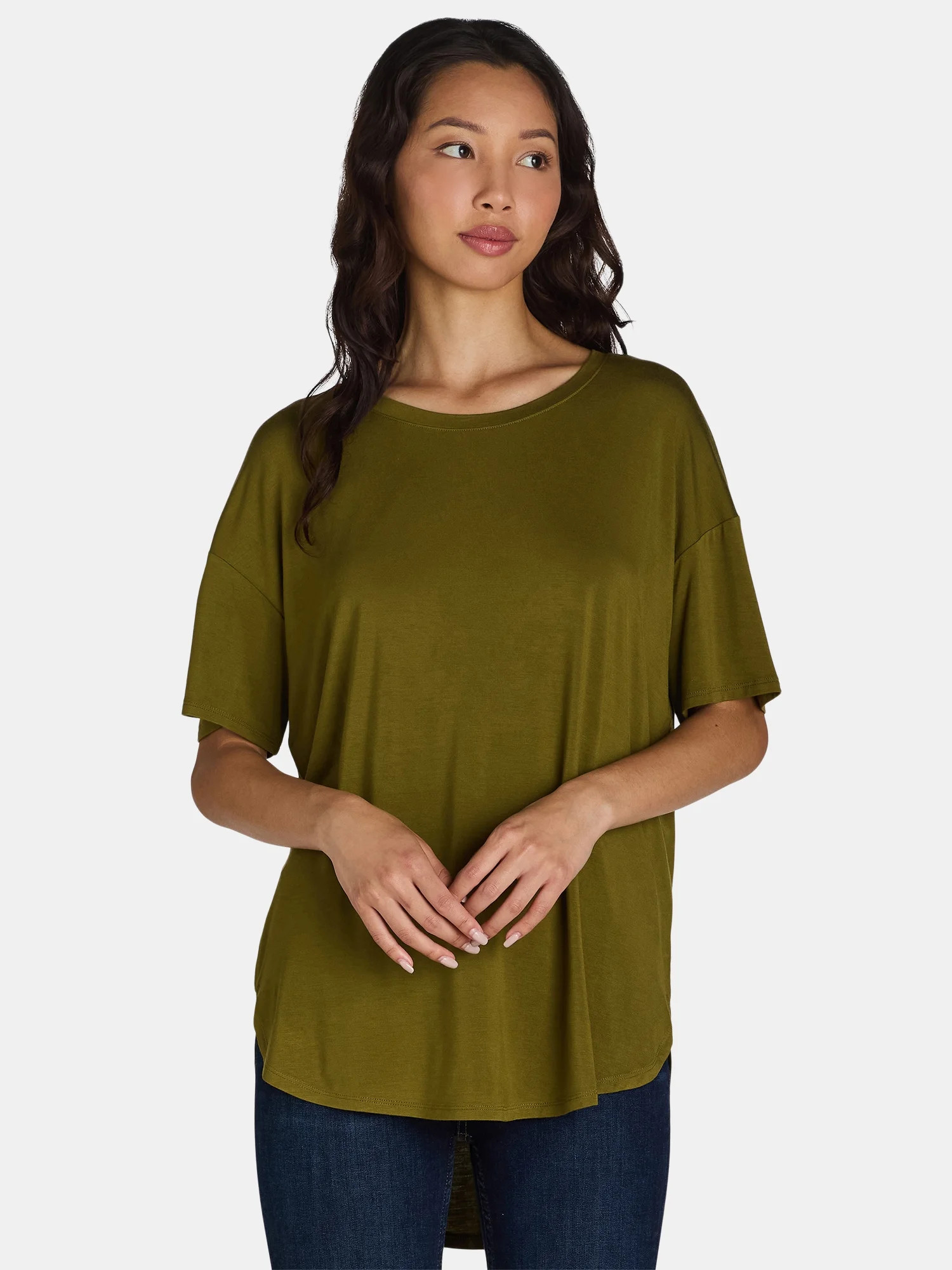 Time and Tru Women's Crewneck Tunic Tee with Short Sleeves, Sizes XS-XXXL | Walmart (US)