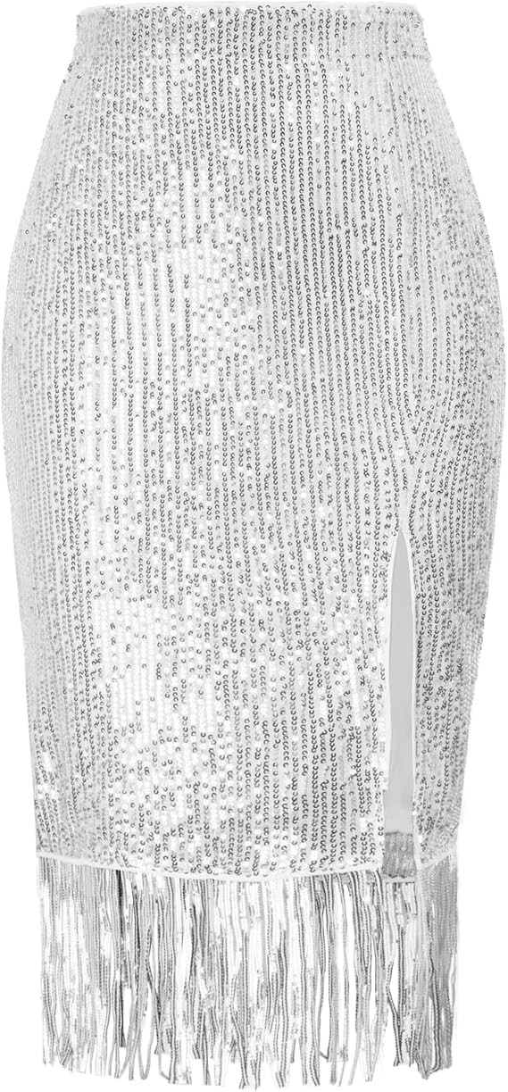 Kate Kasin Women's Sequin Skirt Fringe Hem Split Pencil Bodycon Midi Pencil Skirts Party Cocktail | Amazon (US)